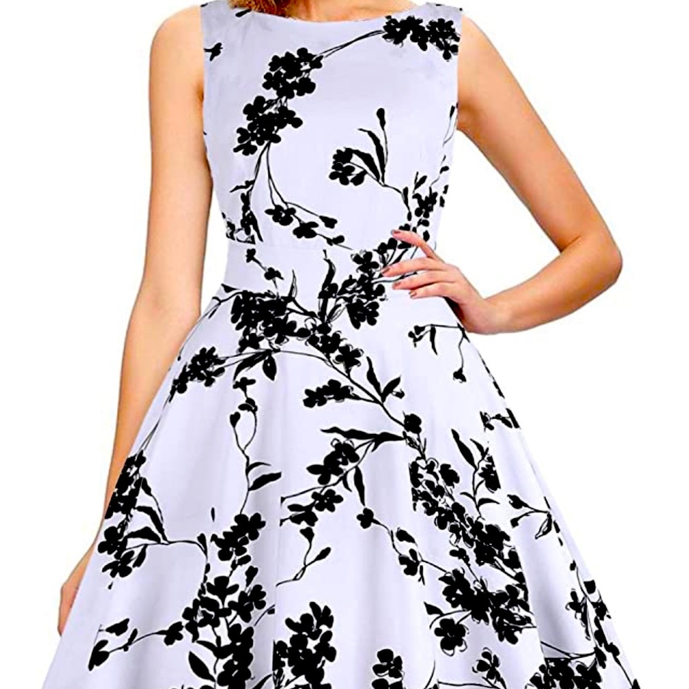 White flowy dress with black flowers